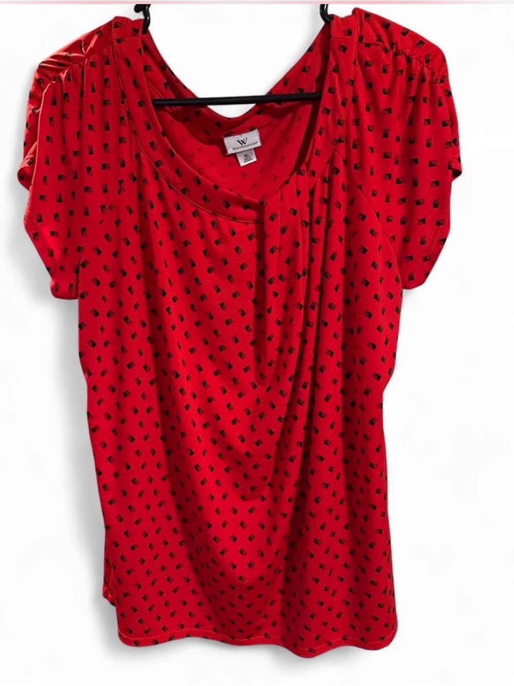 Worthington Red Short Sleeve Scoop Neck Blouse with Black Dot Print